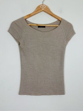 Comme ca ism Japanese minimalist tan short sleeved ribbed wool blend sweater. M